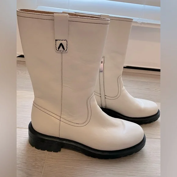 Aquatalia Lilah Leather Mid-Calf Boots Cream 7 - Picture 13 of 15